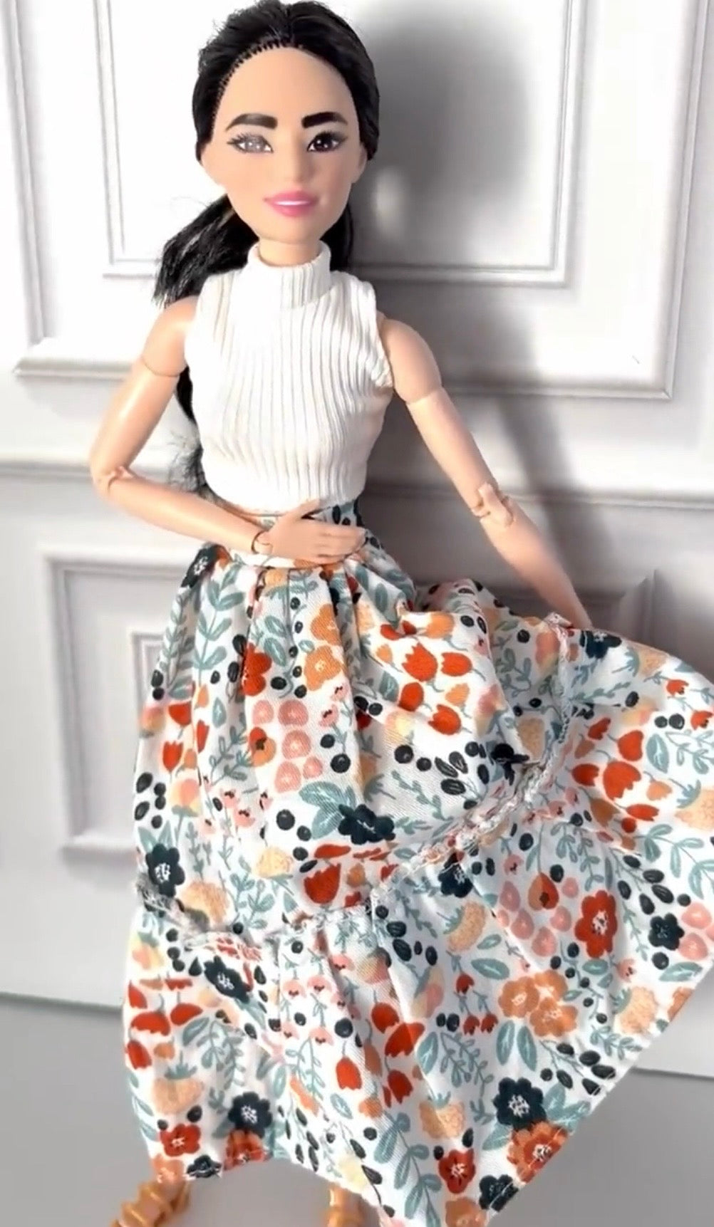 11.5 Inch Doll Outfit: Peasant Floral Skirt, White Top, Sandals – 60s Retro Style