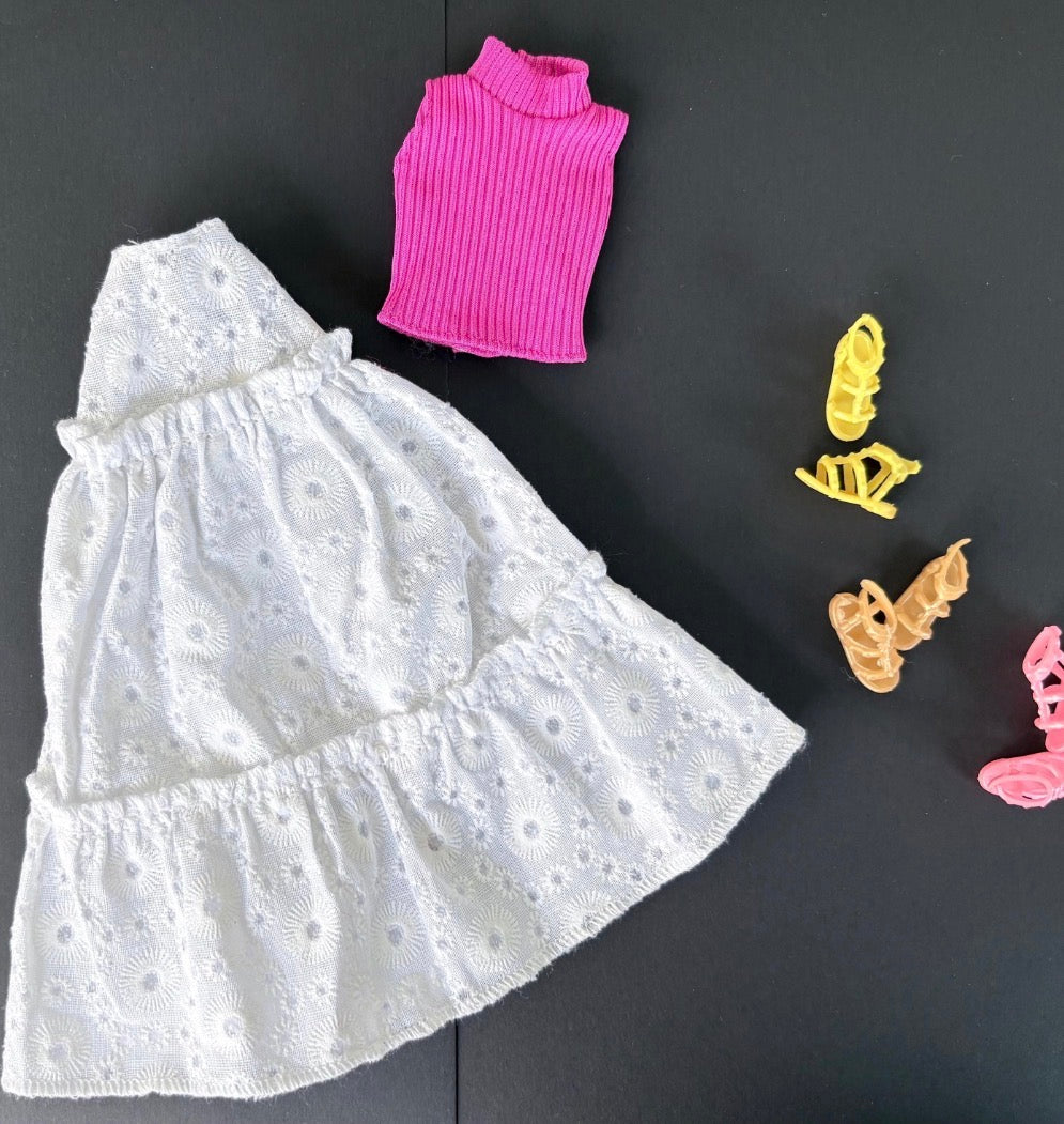 11.5 Inch Doll Boho Eyelet Ruffle Skirt Set with Mock Neck Top, Sandals