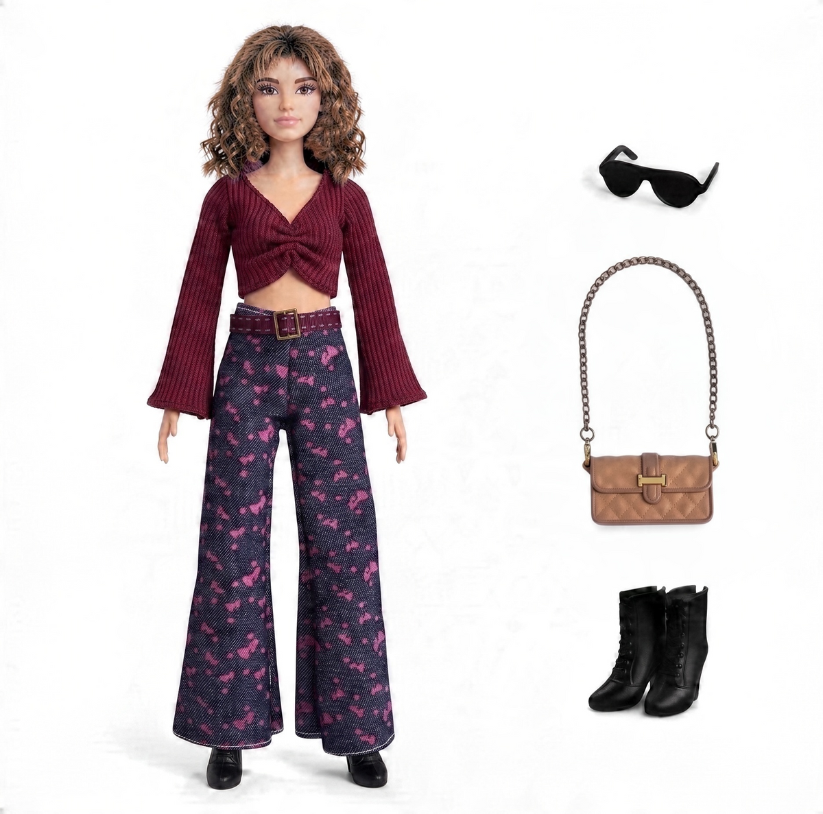 New Fashion Doll MTM and Older Outfit/Sets. Burgundy Top and Pink Print Bell Bottom Pants and Classic Denim with White Collar Doll Outfit for 1/6 Scale Regular Dolls