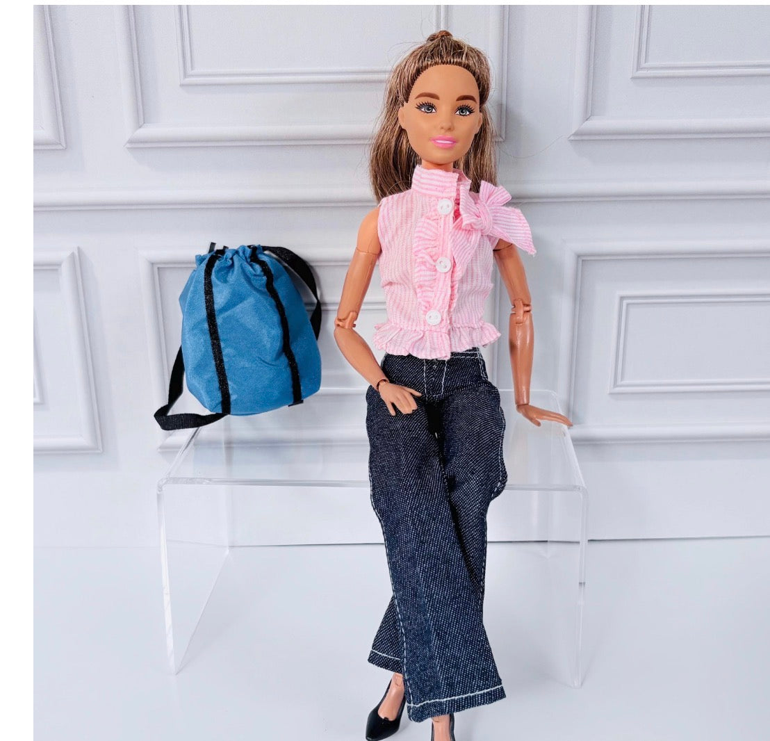 Flair Jeans Doll Outfit: Pink Ruffle Top and Backpack, Fits 11.5 inch Fashion Doll