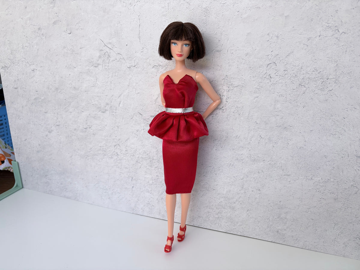Doll Dress Red satin look with high heels: 2 pc Red dress Formal Outfit for 11.5"