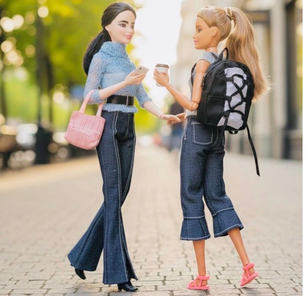 Retro Denim Peddle Pushers, Sweater, Sandals, Backpack,      11.5 Inch Fashion Doll Clothes Outfit