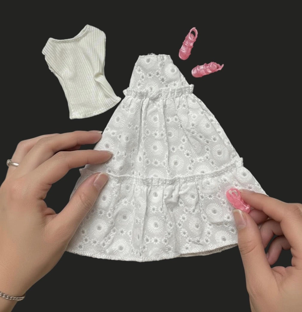 11.5 Inch Doll Boho Eyelet Ruffle Skirt Set with Mock Neck Top, Sandals