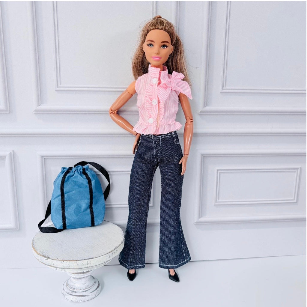 Flair Jeans Doll Outfit: Pink Ruffle Top and Backpack, Fits 11.5 inch Fashion Doll