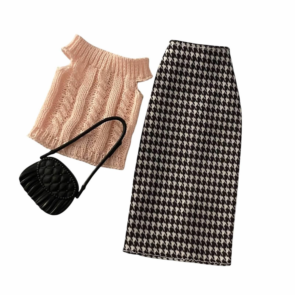 Houndstooth Doll Outfit with Knit Top and Midi Skirt Fits 11.5 Inch Fashion Dolls Outfit: Faux Leather Jacket, Boots - 1/6 Scale