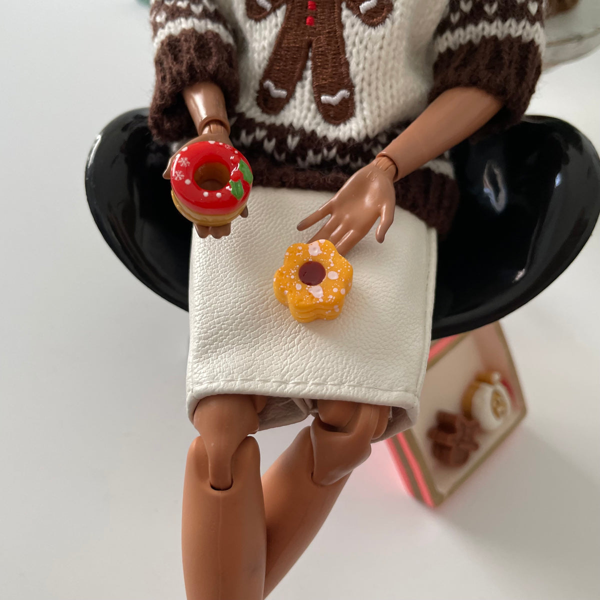 Christmas Gingerbread Sweater, Miniature Cookies and tray, Holiday Sweater, Fits 11.5” Fashion Doll
