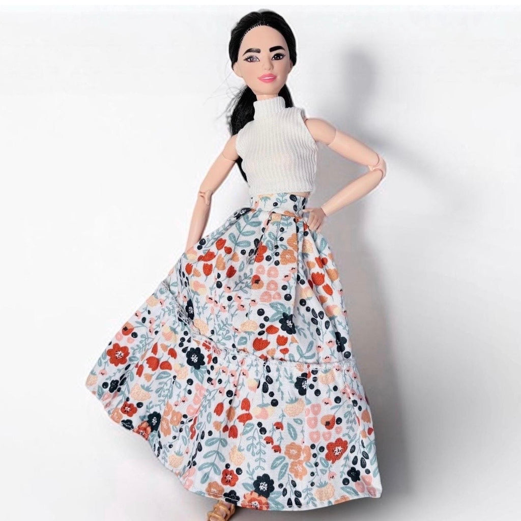 11.5 Inch Doll Outfit: Peasant Floral Skirt, White Top, Sandals – 60s Retro Style