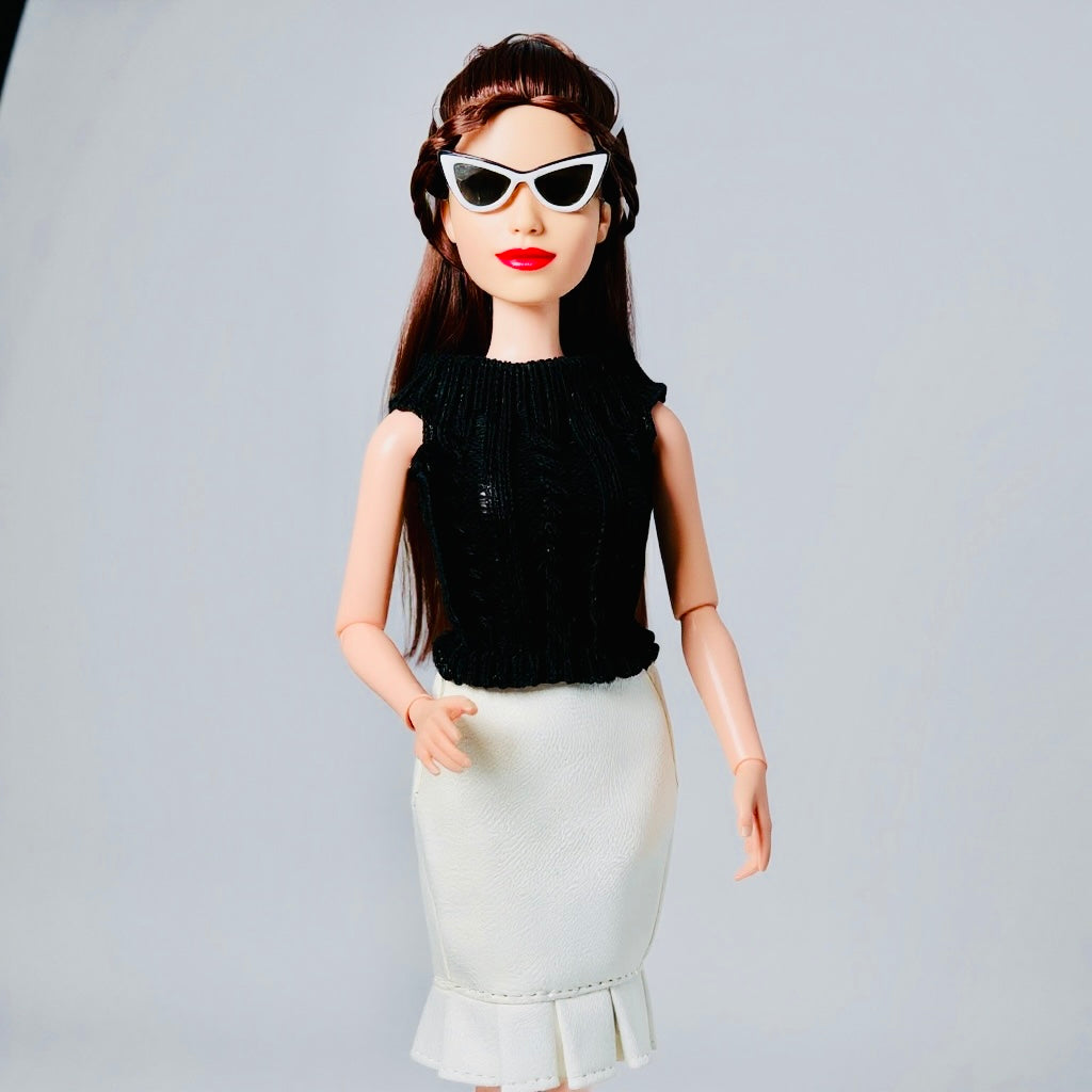 Faux Leather doll outfit:  Skirts, Shoes, Sunglasses, Pink Platform Shoes for 11.5” Fashion Dolls