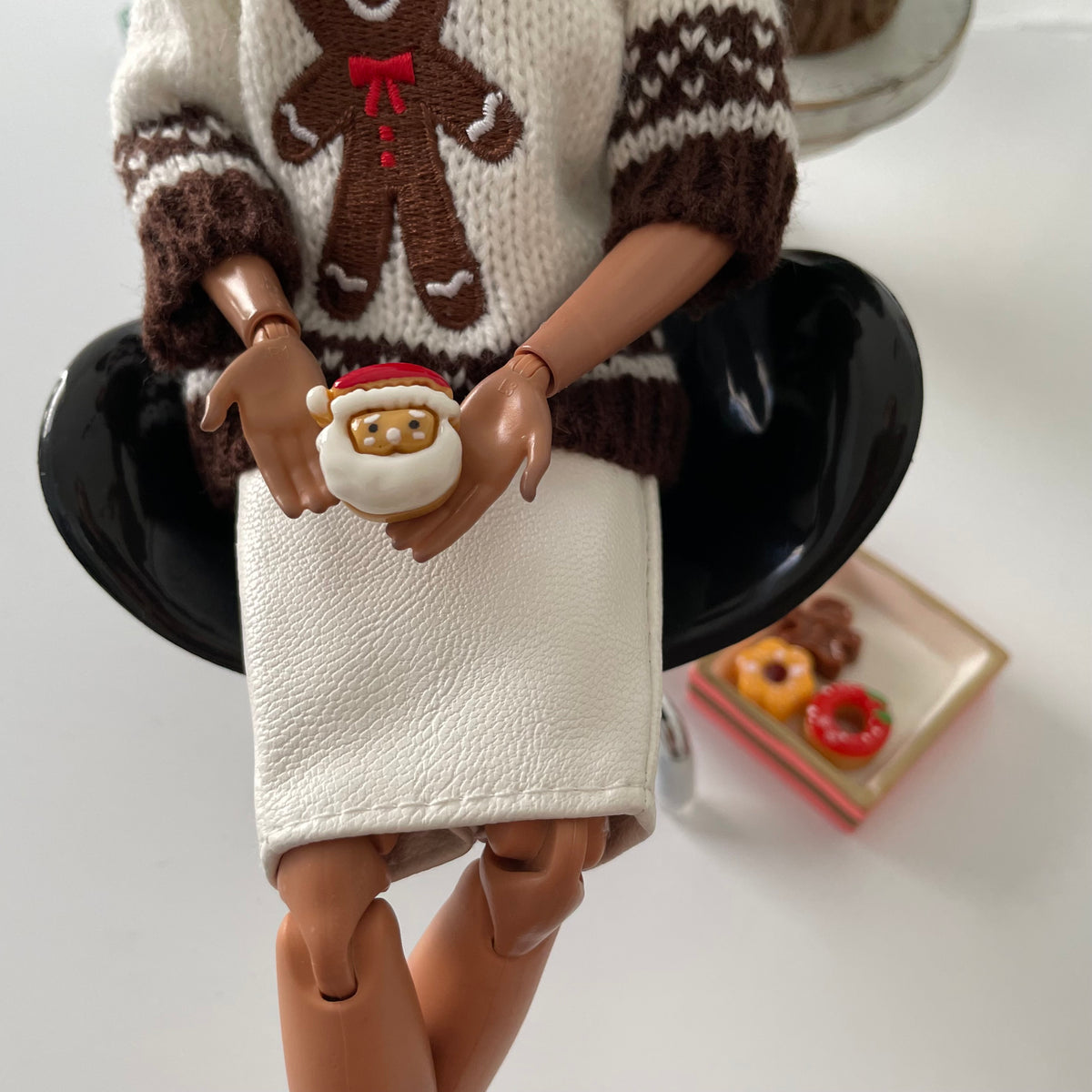 Christmas Gingerbread Sweater, Miniature Cookies and tray, Holiday Sweater, Fits 11.5” Fashion Doll