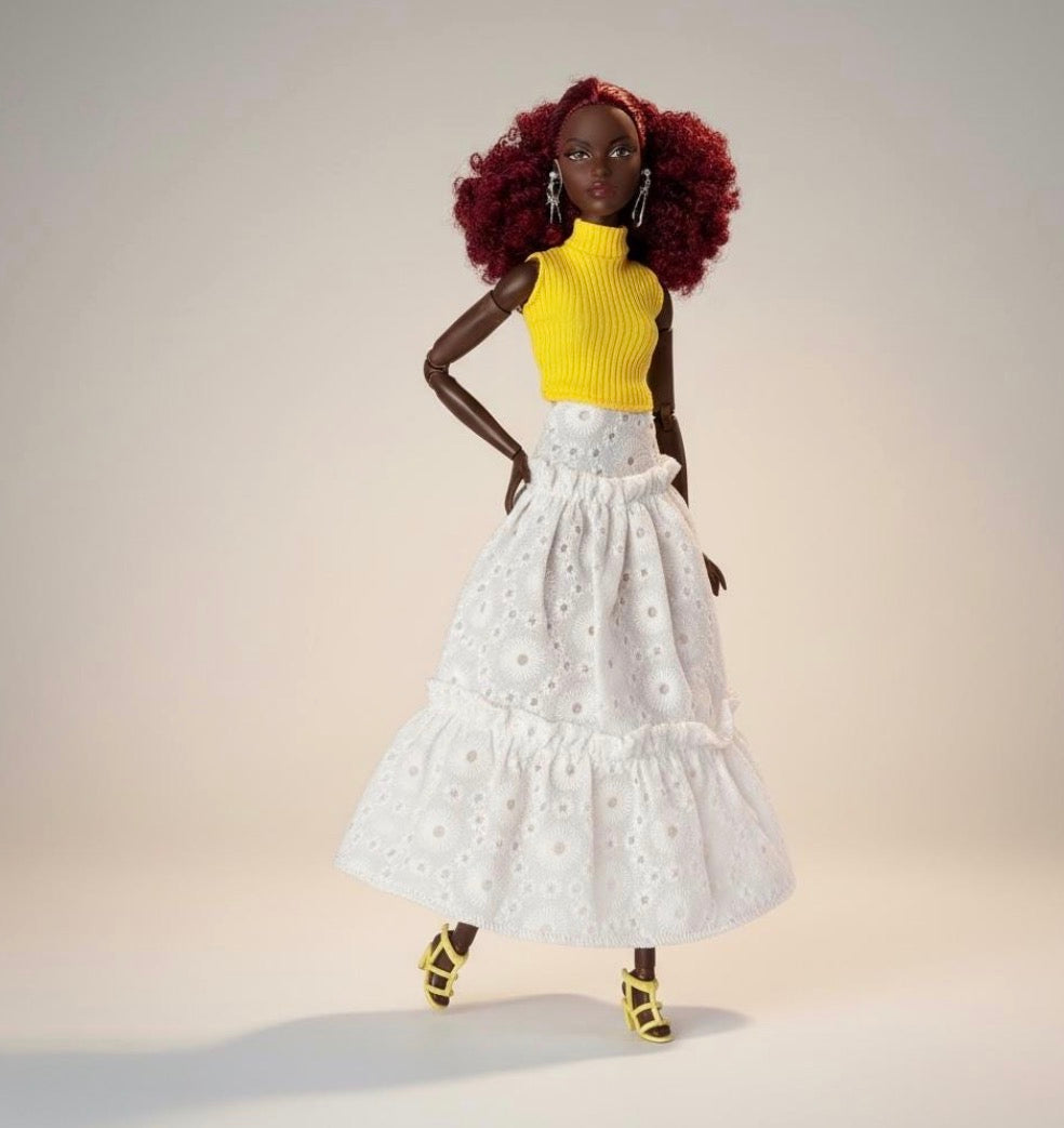 11.5 Inch Doll Boho Eyelet Ruffle Skirt Set with Mock Neck Top, Sandals