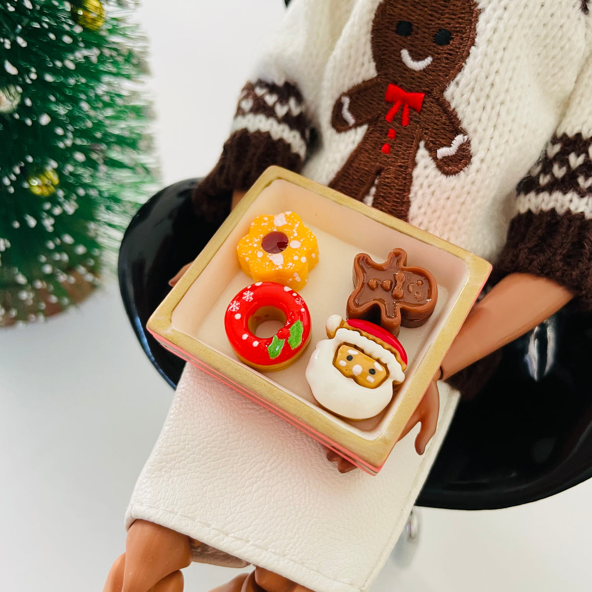 Christmas Gingerbread Sweater, Miniature Cookies and tray, Holiday Sweater, Fits 11.5” Fashion Doll