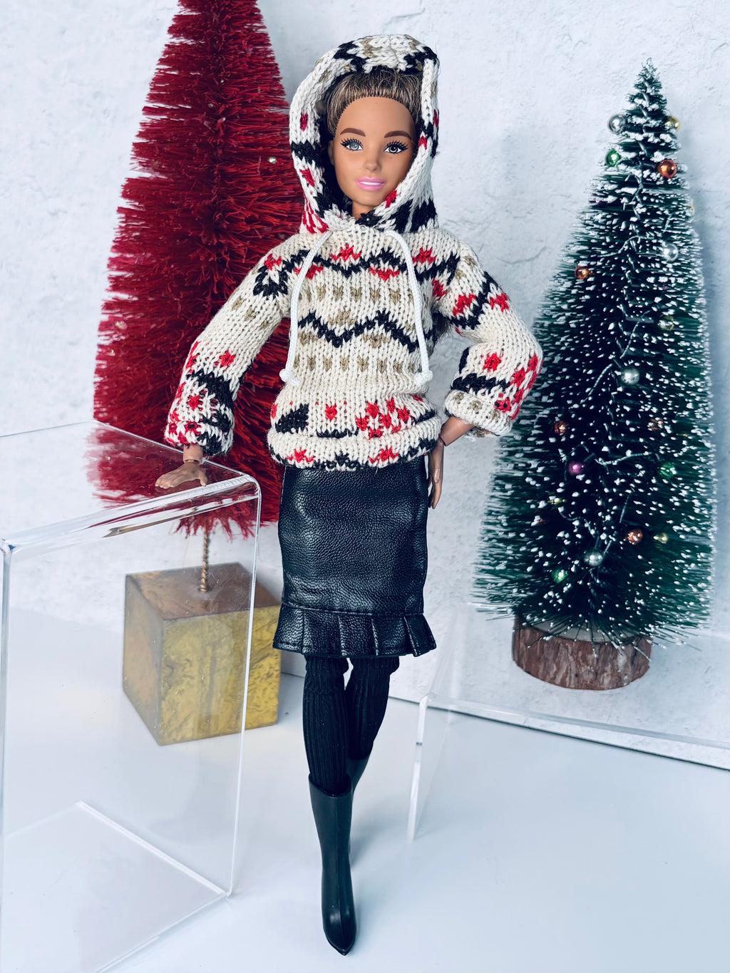 Fashion Doll Cozy Faux Leather doll outfit:  Skirt, Boots, Leggings, Hoodie, for 11.5” Fashion Dolls