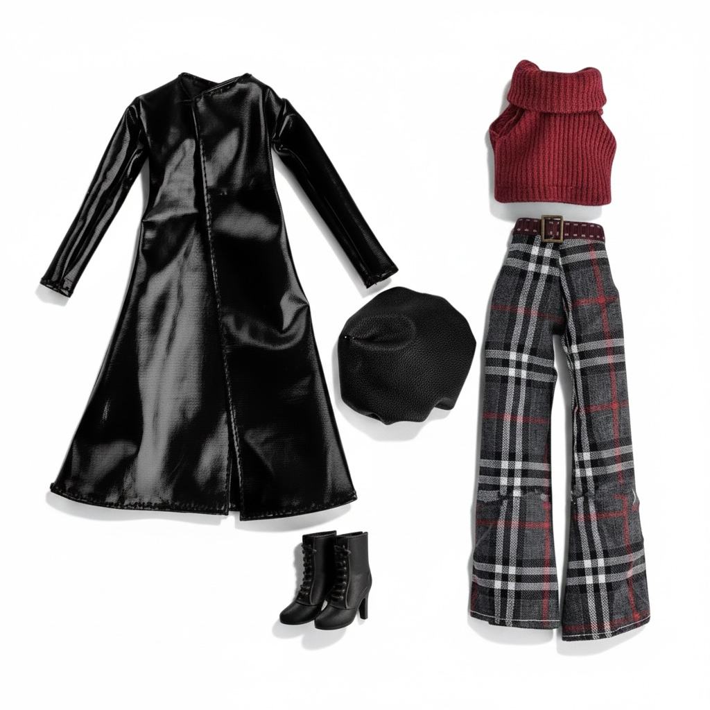 5 - 6 Pc Fashion Doll Plaid Black Pants, Mid length Coat, Clothes for Regular Dolls