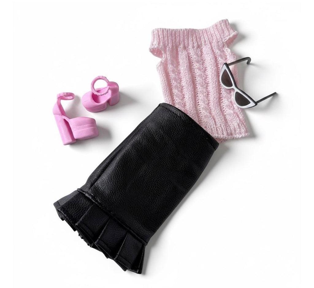 Faux Leather doll outfit:  Skirts, Shoes, Sunglasses, Pink Platform Shoes for 11.5” Fashion Dolls
