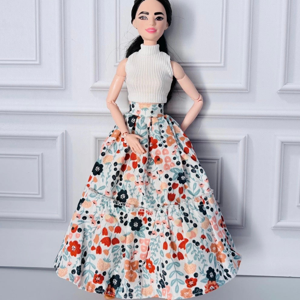 11.5 Inch Doll Outfit: Peasant Floral Skirt, White Top, Sandals – 60s Retro Style