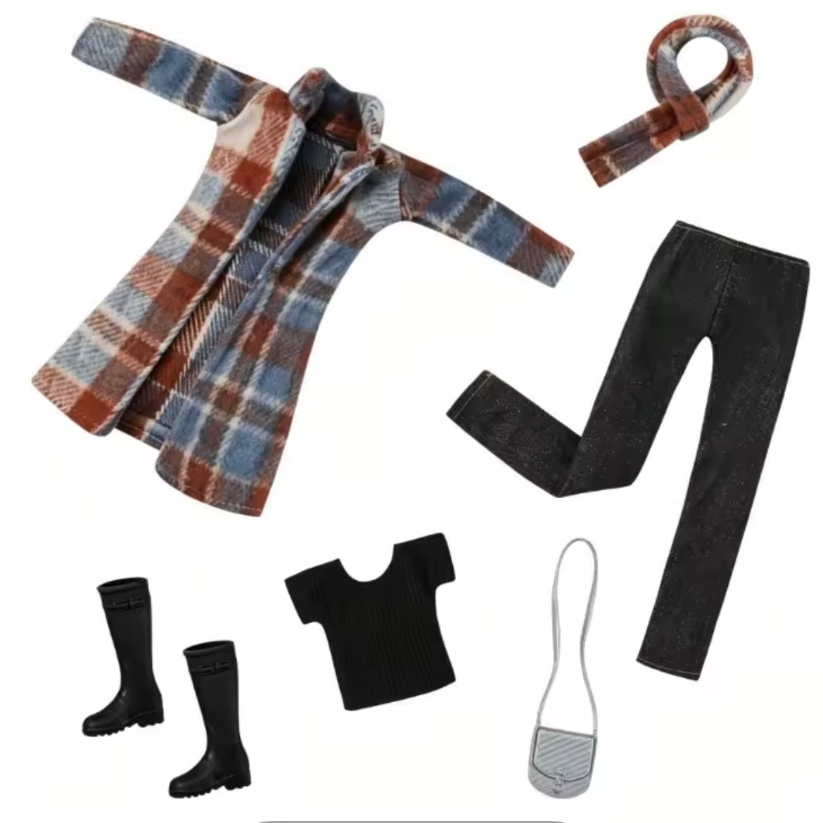 6 pc Fashion Doll Plaid Jackets Outfits: Brown Blue, Plaid with Shoes and Accessories.