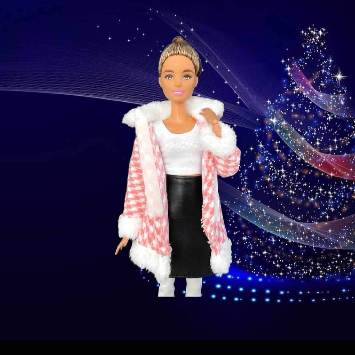 Pink Hounds Tooth Doll Coat, Made to Move and Older, Boots, stockings and leggings,￼ Fits MTM 11.5" Fashion Doll