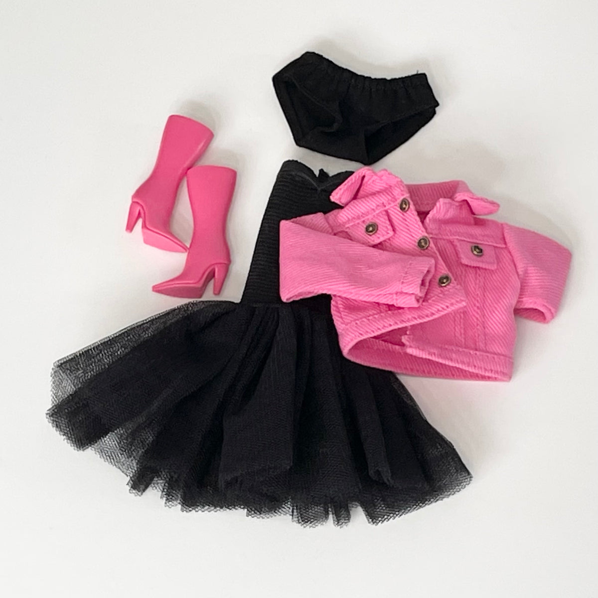 Pink and Black Doll Dress Outfit, Tulle Dress, Jacket & Boots, Fits MTMove Fashion Doll