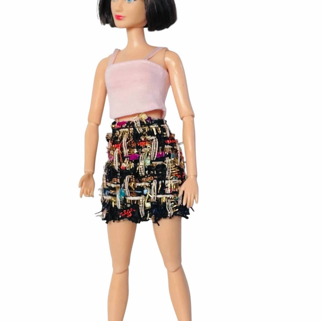 Fashion Doll Outfit - Textured Black Skirt, Top & shoes - 1:6 Scale