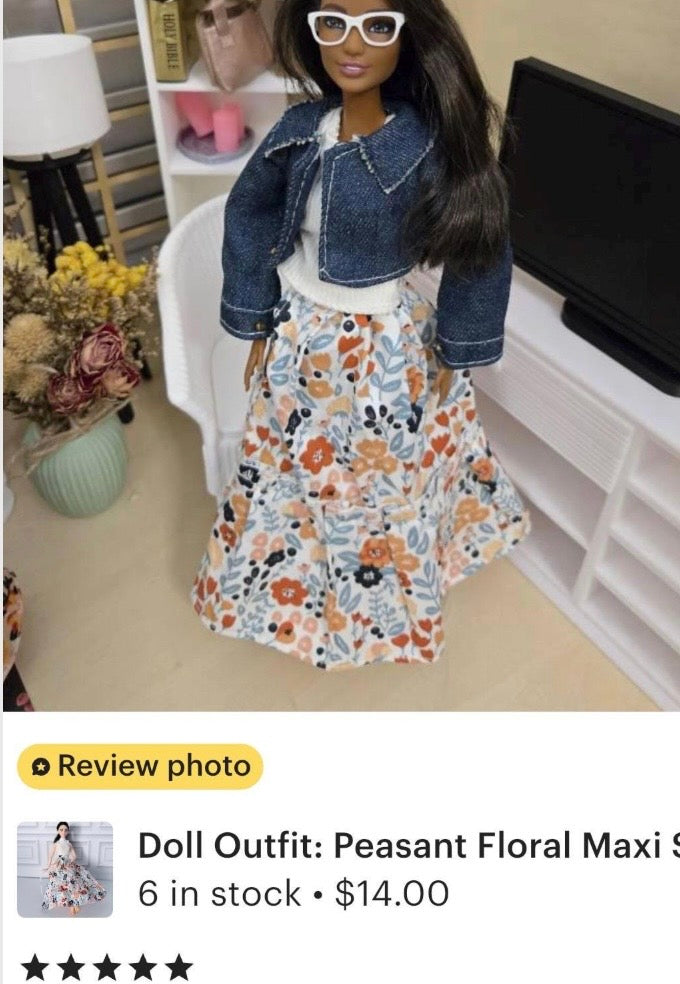 11.5 Inch Doll Outfit: Peasant Floral Skirt, White Top, Sandals – 60s Retro Style