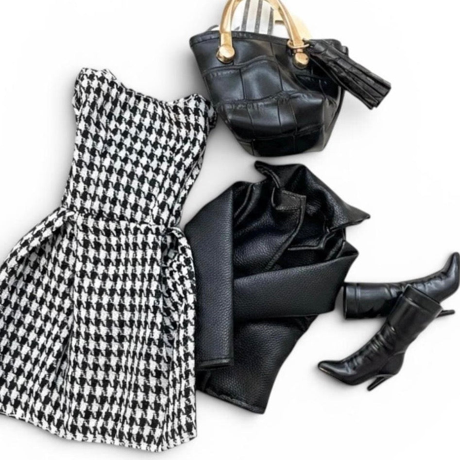Doll clothes Houndstooth Doll Dress Outfit: Faux Leather Jacket, Boots - 1/6 Scale