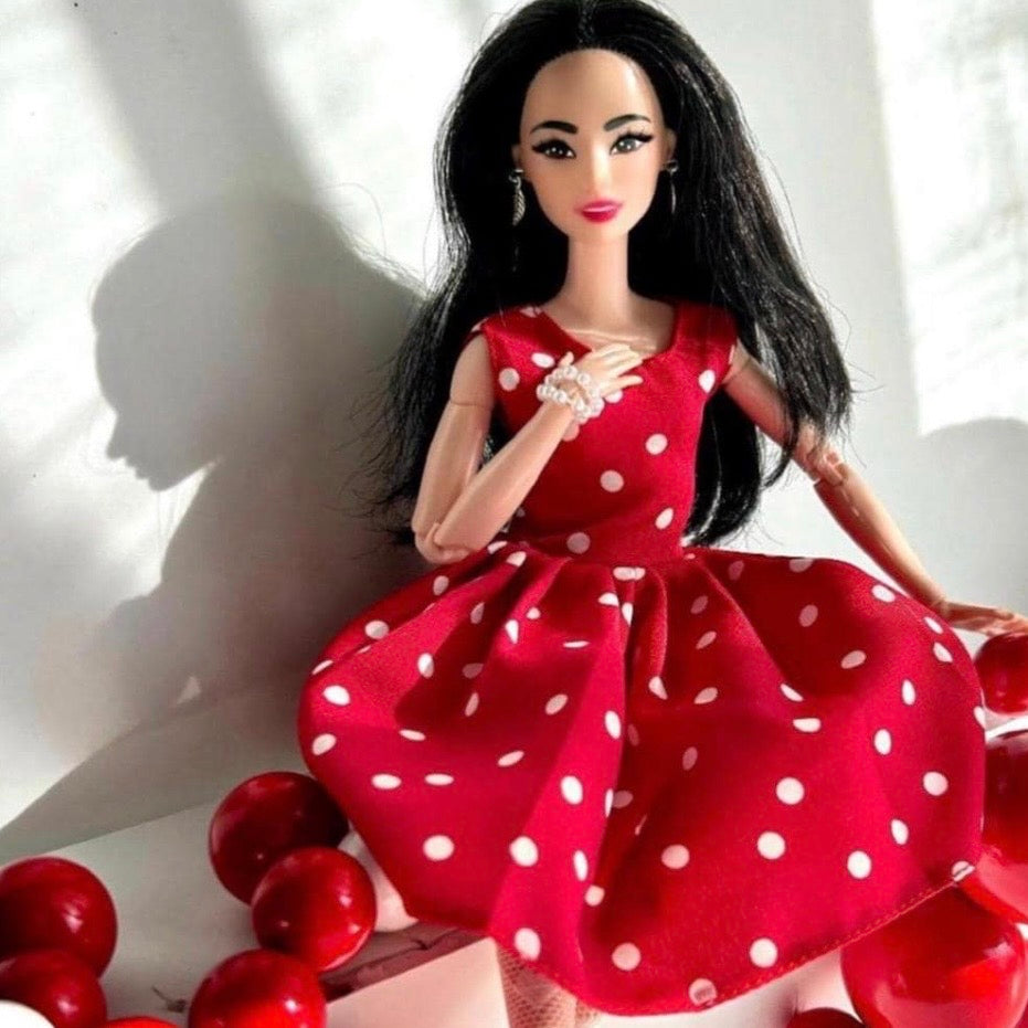 Polka Dot Doll Dress with Shoes and Jewelry, Retro 1:6 Scale Fashion Doll Outfit
