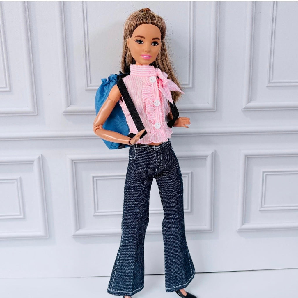 Flair Jeans Doll Outfit: Pink Ruffle Top and Backpack, Fits 11.5 inch Fashion Doll