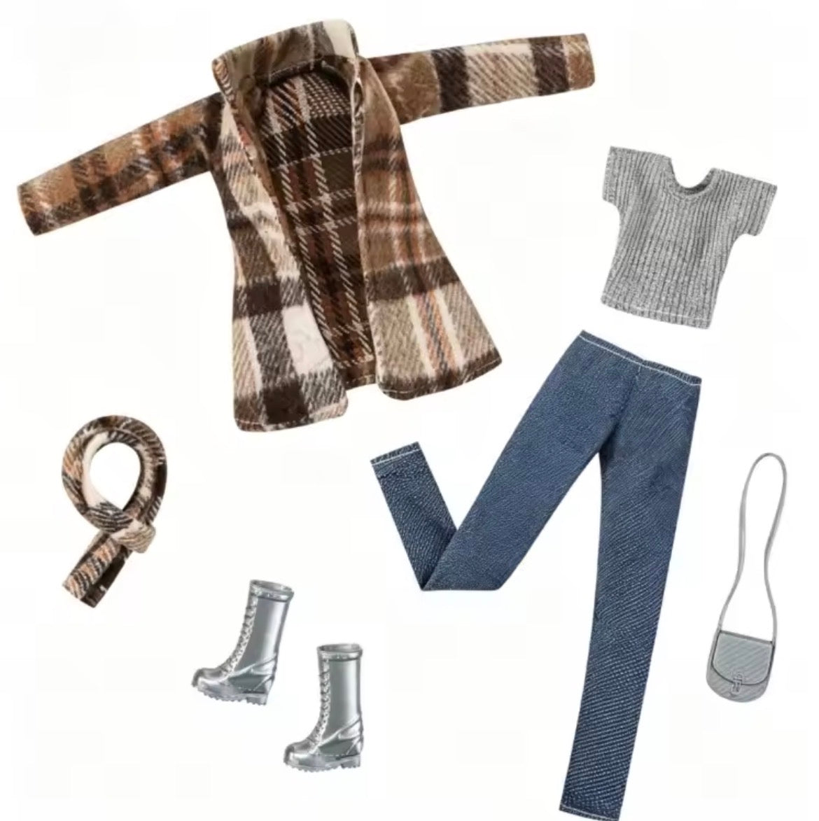 6 pc Fashion Doll Plaid Jackets Outfits: Brown Blue, Plaid with Shoes and Accessories.