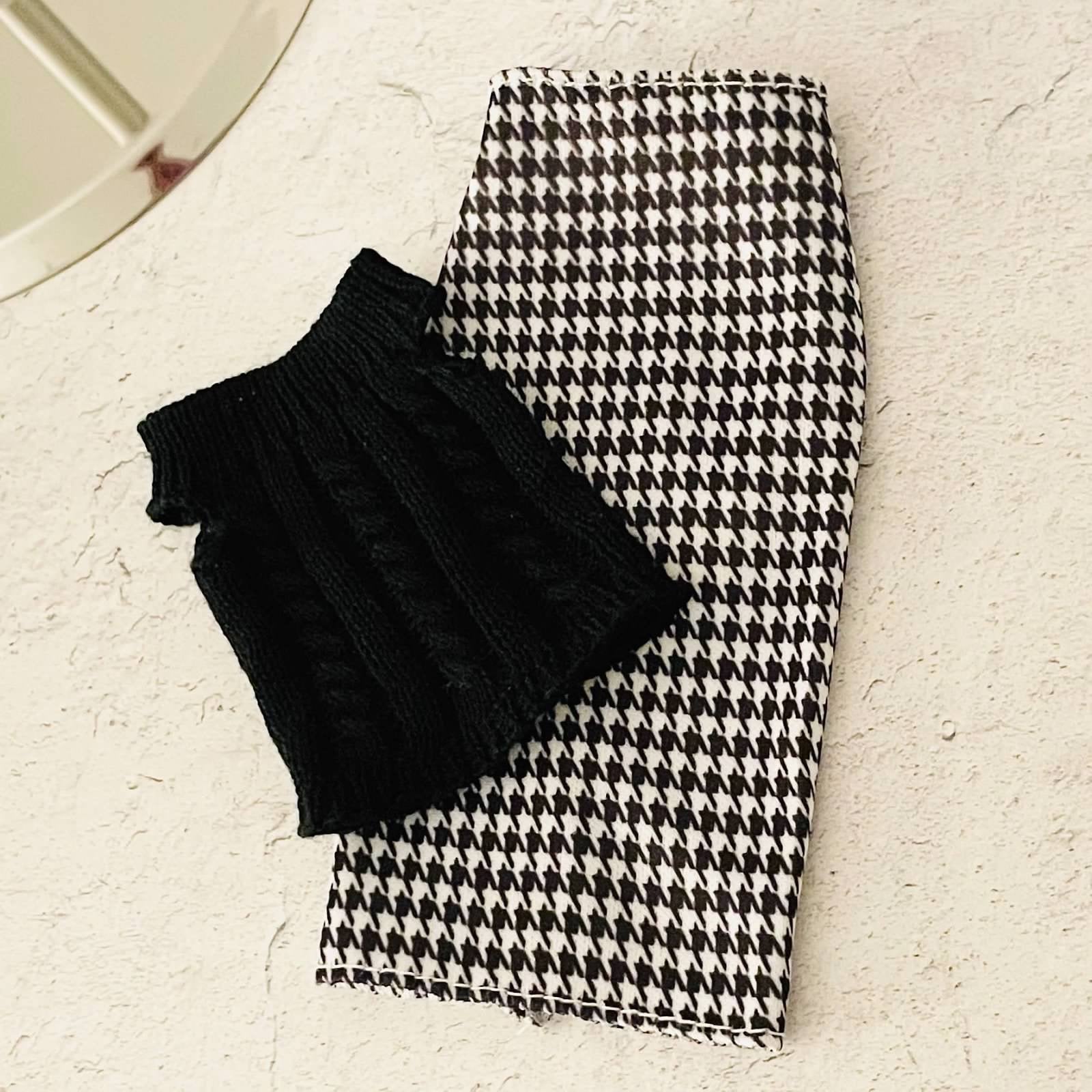 Houndstooth Doll Outfit with Knit Top and Midi Skirt Fits 11.5 Inch Fashion Dolls Outfit: Faux Leather Jacket, Boots - 1/6 Scale
