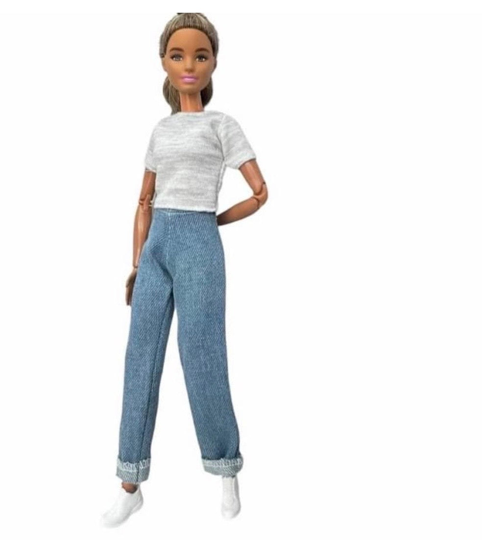 Flare Jean Doll Outfit: Pastel Rainbow Top and Chic Big Bell Jeans, Fits 11.5 inch Fashion Doll