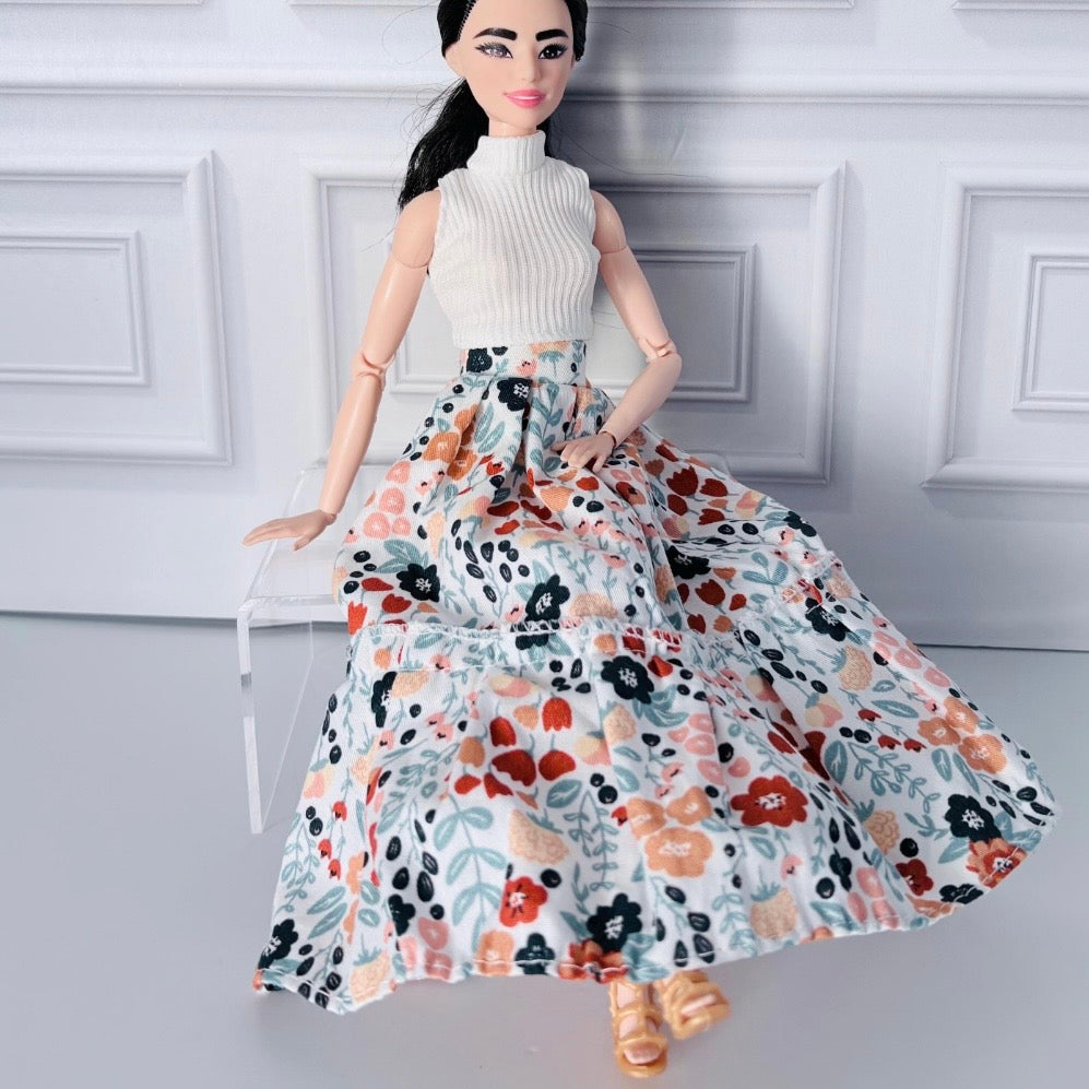 11.5 Inch Doll Outfit: Peasant Floral Skirt, White Top, Sandals – 60s Retro Style