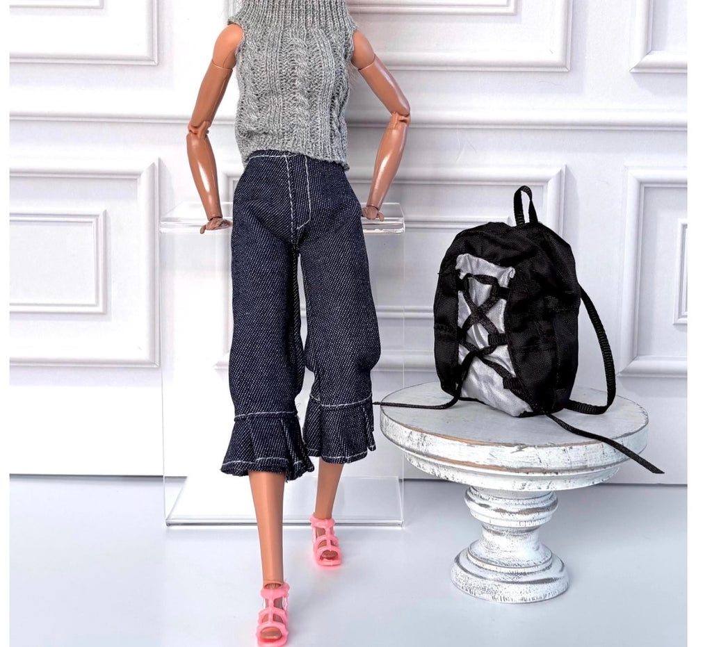 Retro Denim Peddle Pushers, Sweater, Sandals, Backpack,      11.5 Inch Fashion Doll Clothes Outfit