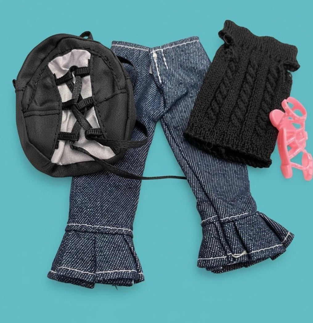 Retro Denim Peddle Pushers, Sweater, Sandals, Backpack,      11.5 Inch Fashion Doll Clothes Outfit