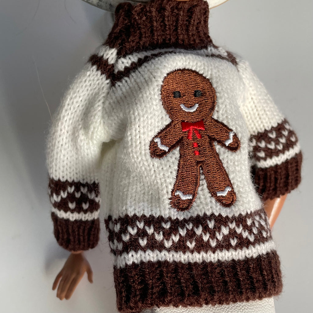 Christmas Gingerbread Sweater, Miniature Cookies and tray, Holiday Sweater, Fits 11.5” Fashion Doll