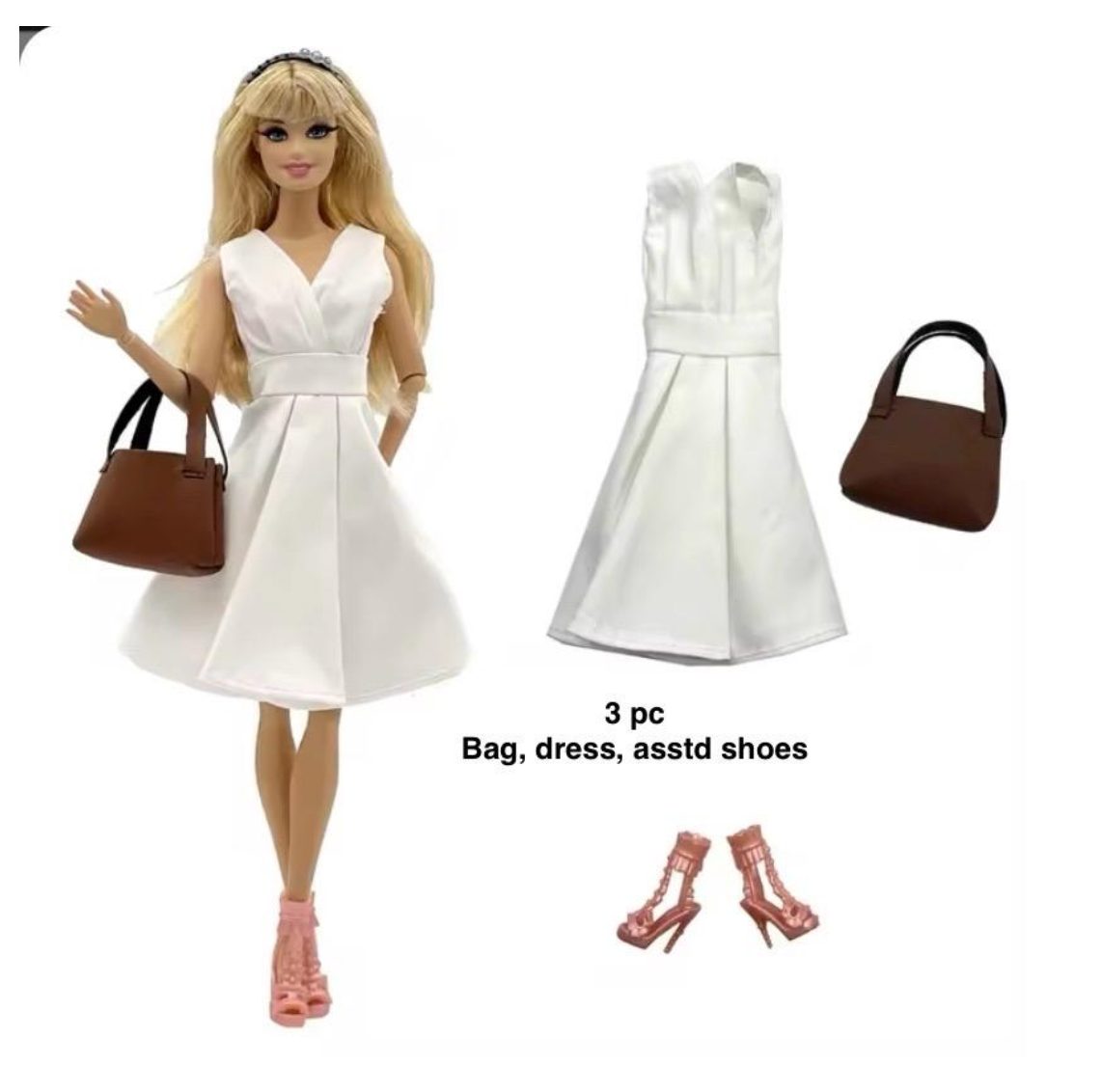 White Vintage Look Doll Dress for 11.5 inch Fashion Doll, Elegant Party Gown Set