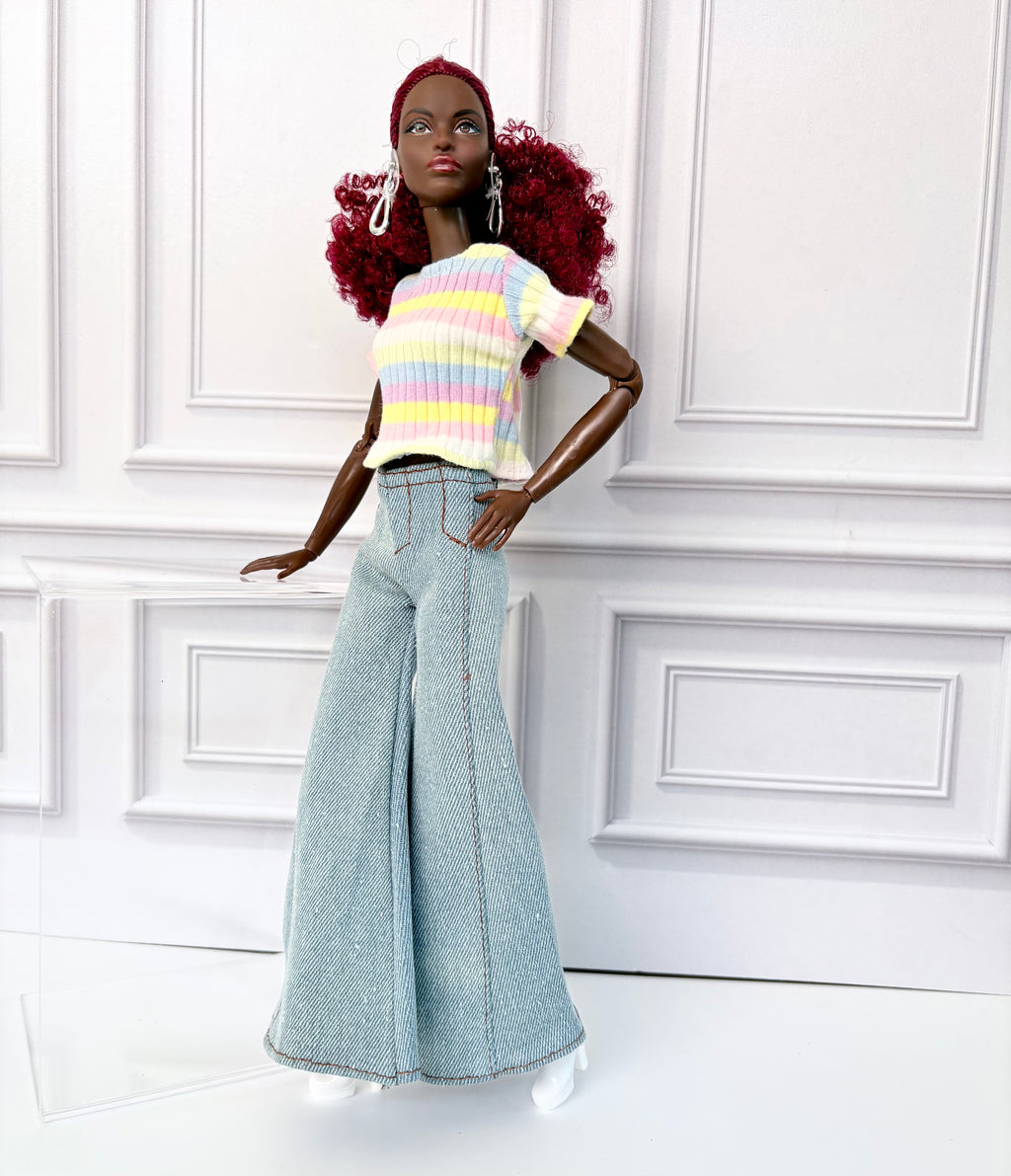 Flare Jean Doll Outfit: Pastel Rainbow Top and Chic Big Bell Jeans, Fits 11.5 inch Fashion Doll
