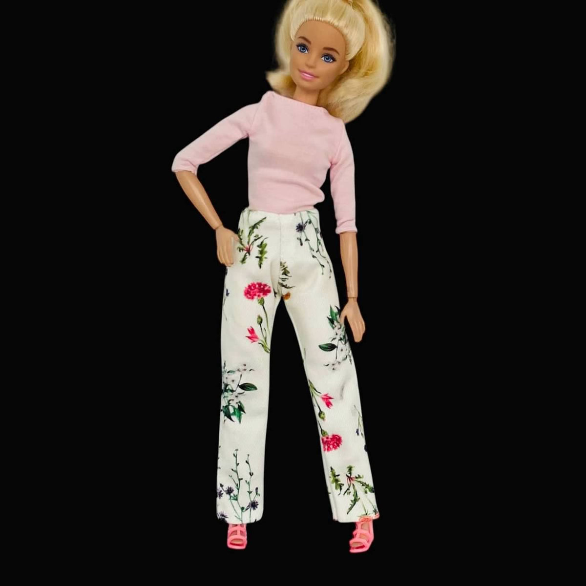 Floral Jean Doll Outfit: Green Long-sleeve Top and Shoes, Fits 11.5 inch Fashion Doll