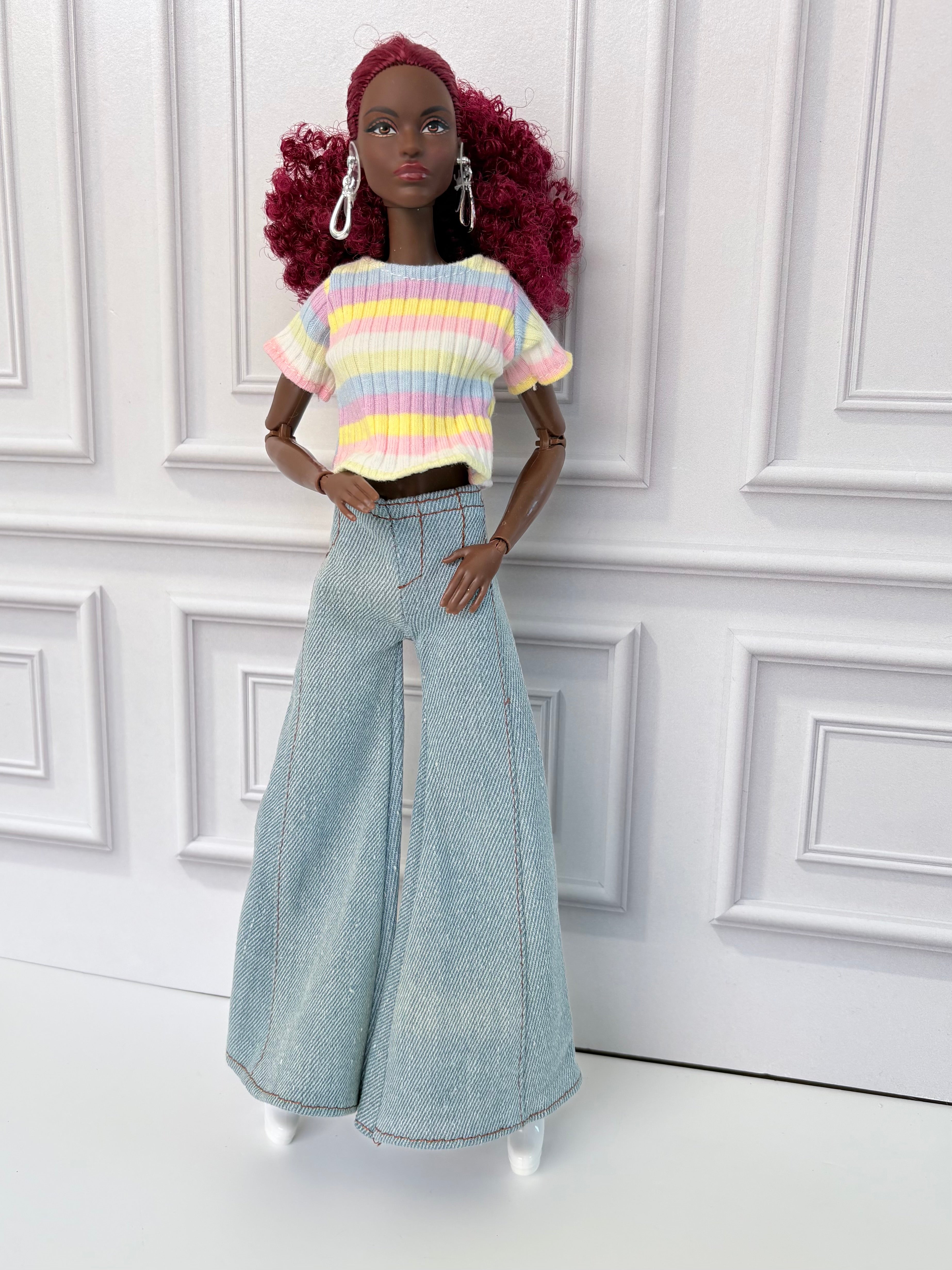 Flare Jean Doll Outfit: Pastel Rainbow Top and Chic Big Bell Jeans, Fits 11.5 inch Fashion Doll