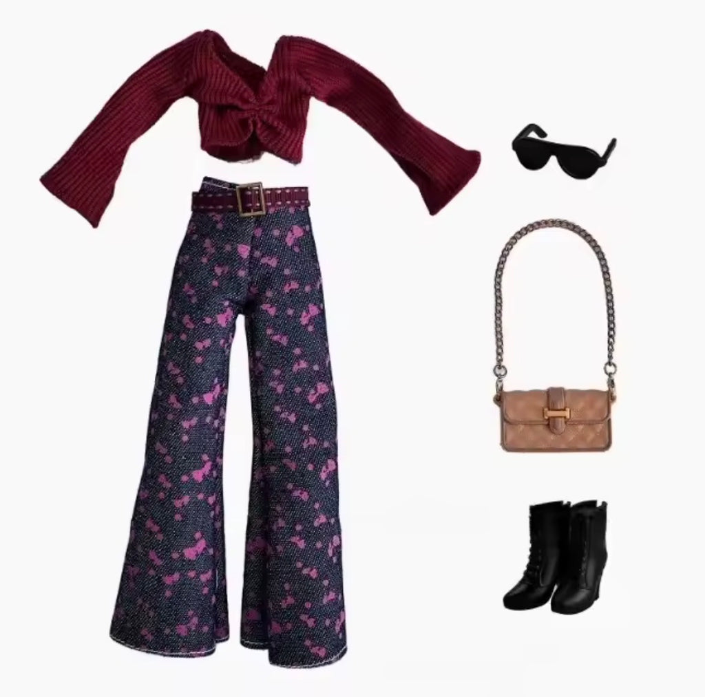 New Fashion Doll MTM and Older Outfit/Sets. Burgundy Top and Pink Print Bell Bottom Pants and Classic Denim with White Collar Doll Outfit for 1/6 Scale Regular Dolls