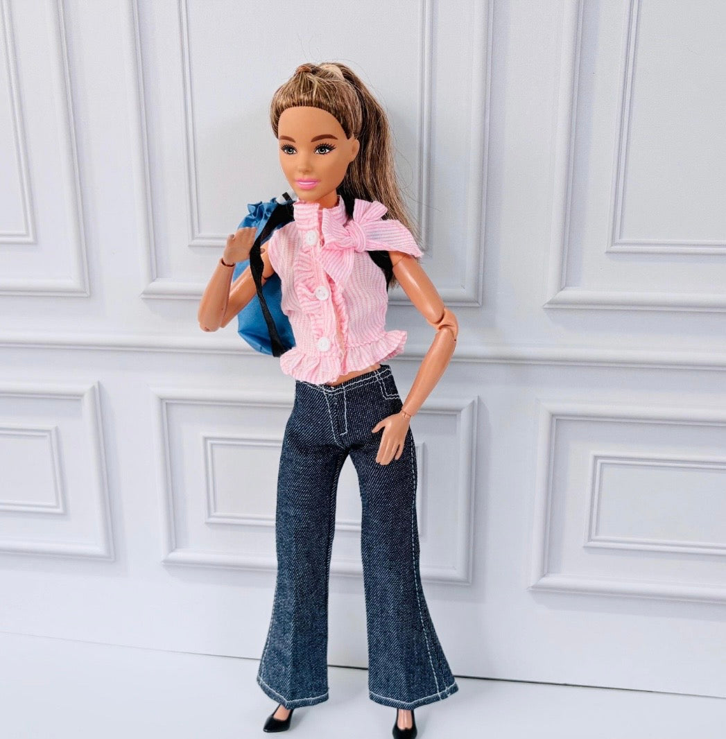 Flair Jeans Doll Outfit: Pink Ruffle Top and Backpack, Fits 11.5 inch Fashion Doll