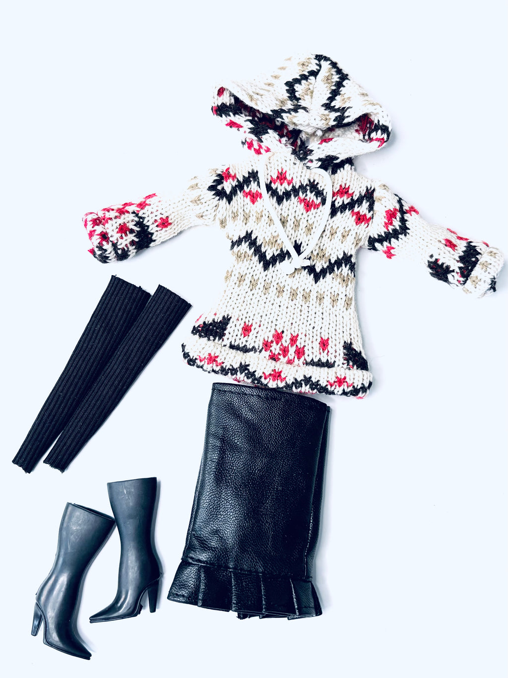 Fashion Doll Cozy Faux Leather doll outfit:  Skirt, Boots, Leggings, Hoodie, for 11.5” Fashion Dolls