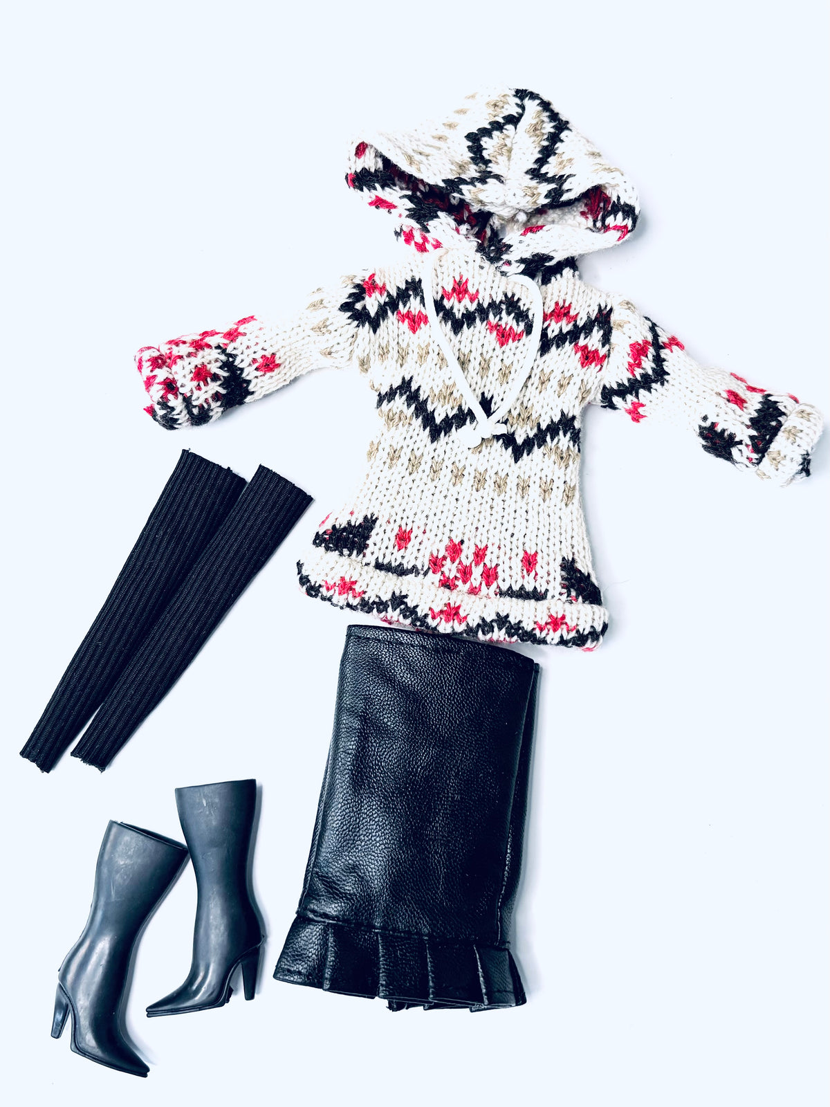 Fashion Doll Cozy Faux Leather doll outfit:  Skirt, Boots, Leggings, Hoodie, for 11.5” Fashion Dolls