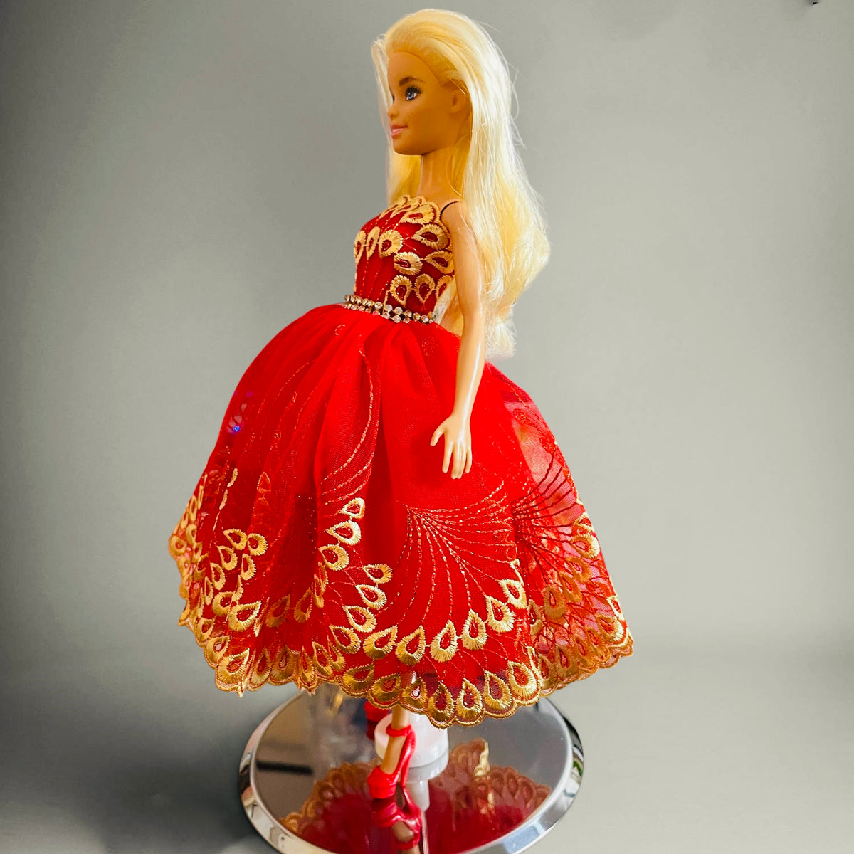 Vintage Style Red Taffeta Cocktail Dress - Refurbished Reclaimed Barbie Doll (2015)with Red Shoes