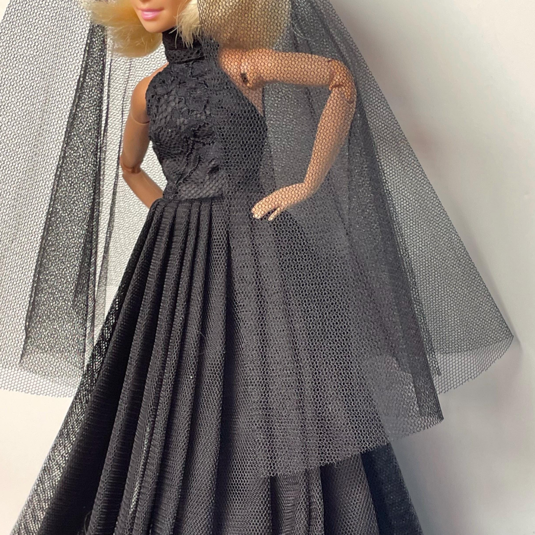 Fashion Doll Black Lace Doll Gown: Tulle Dress with Veil, 1:6 Scale