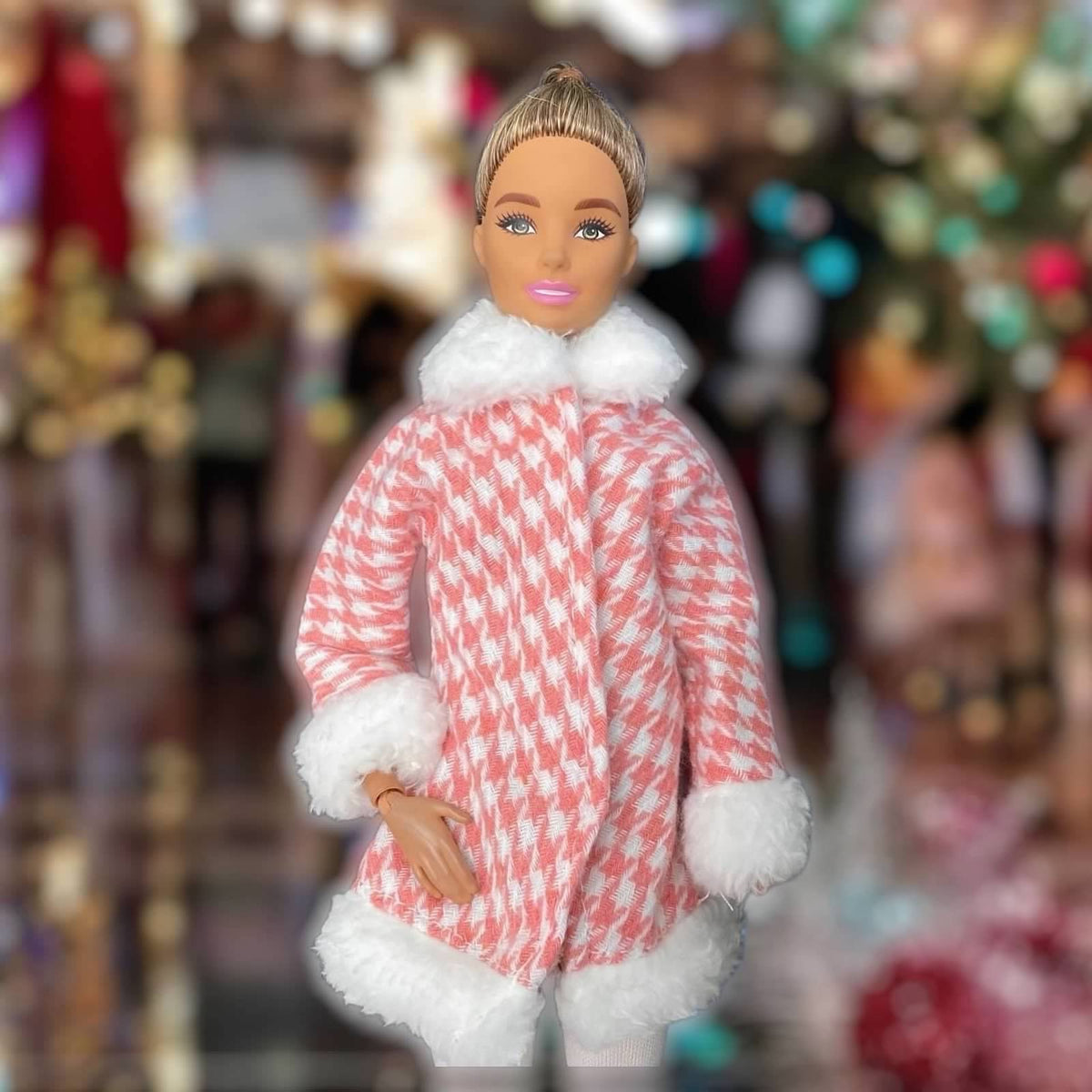 Pink Hounds Tooth Doll Coat, Made to Move and Older, Boots, stockings and leggings,￼ Fits MTM 11.5" Fashion Doll