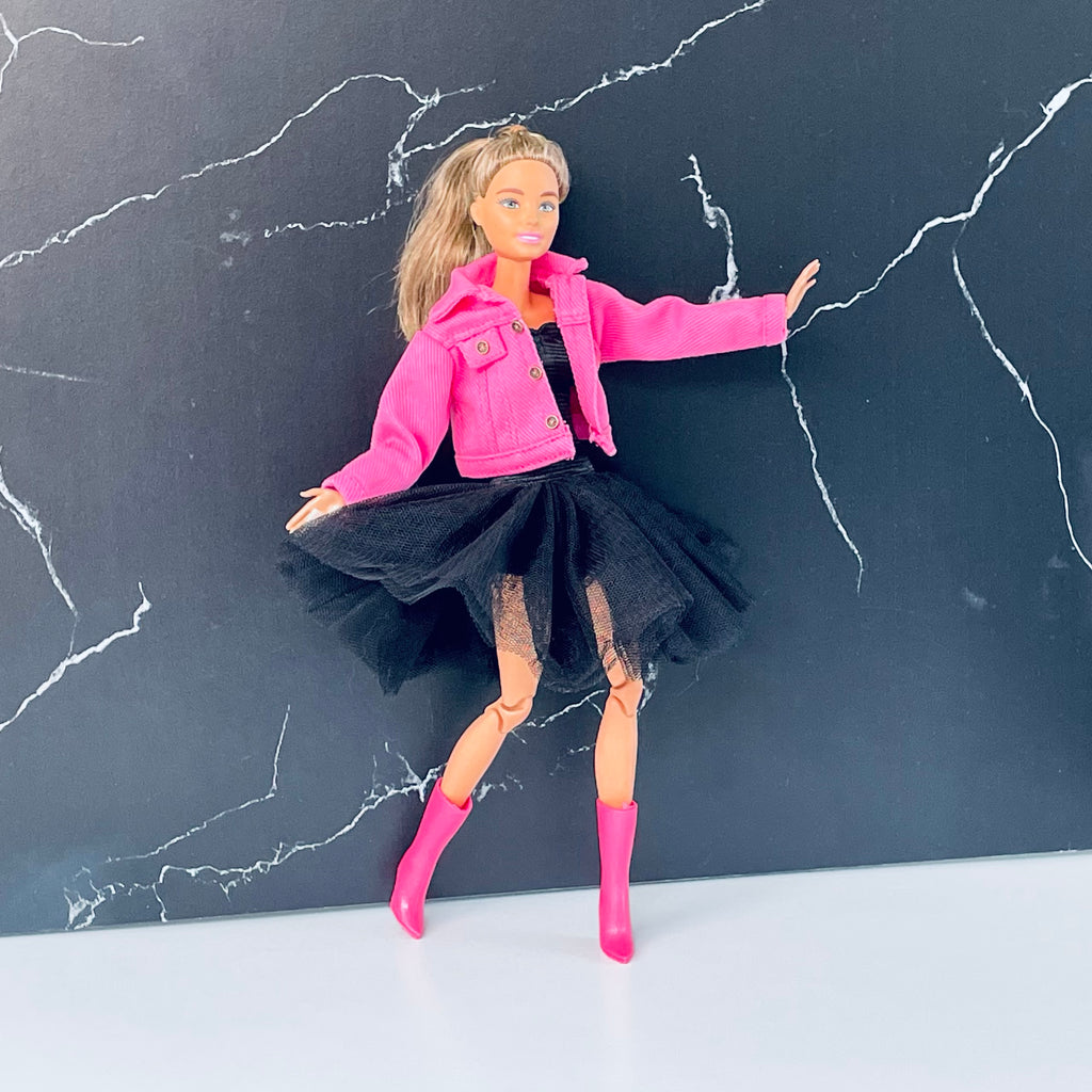 Pink and Black Doll Dress Outfit, Tulle Dress, Jacket & Boots, Fits MTMove Fashion Doll