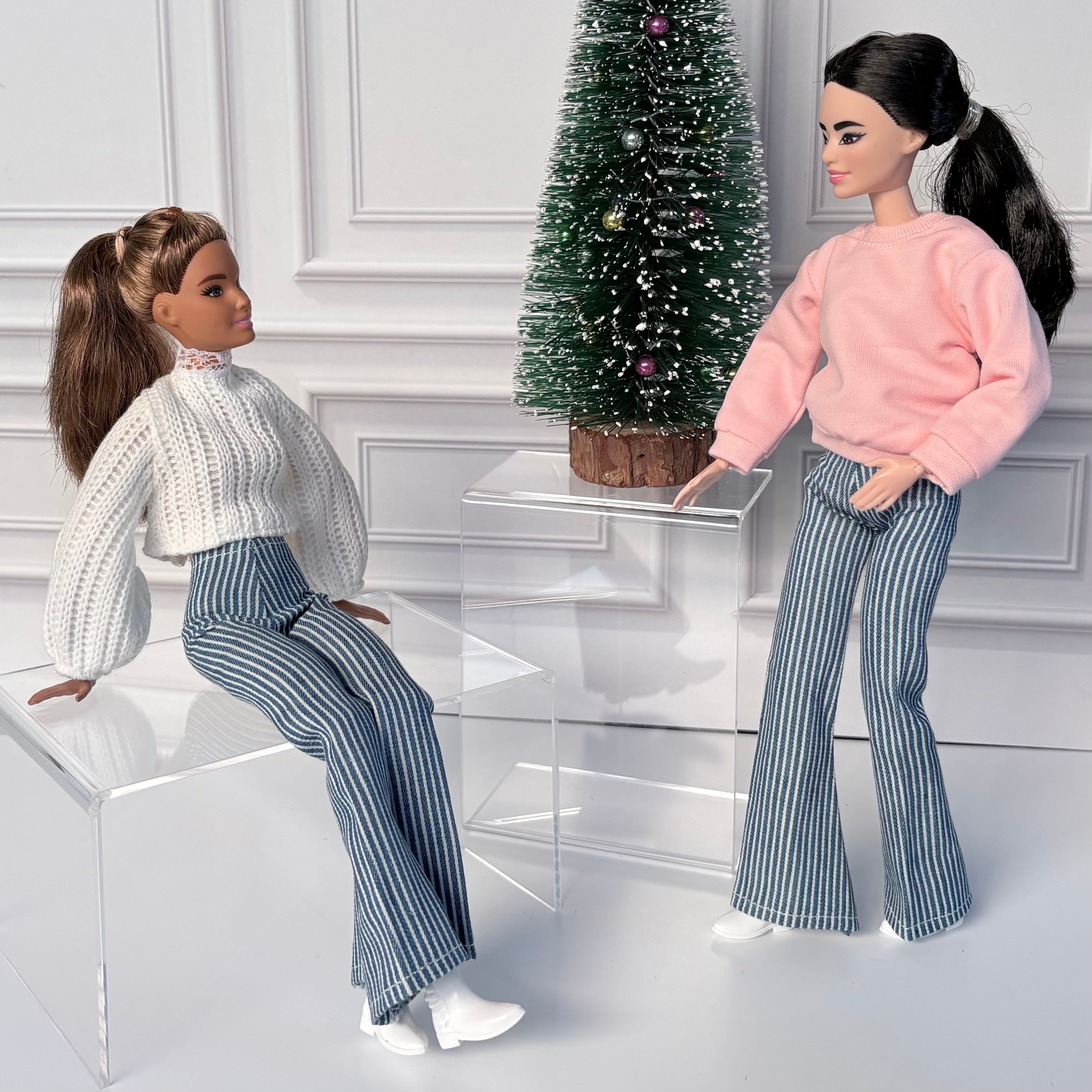 Striped Flare Jeans Doll Outfit – Sweater & Ankle Boots | Fits 11.5” Fashion Dolls