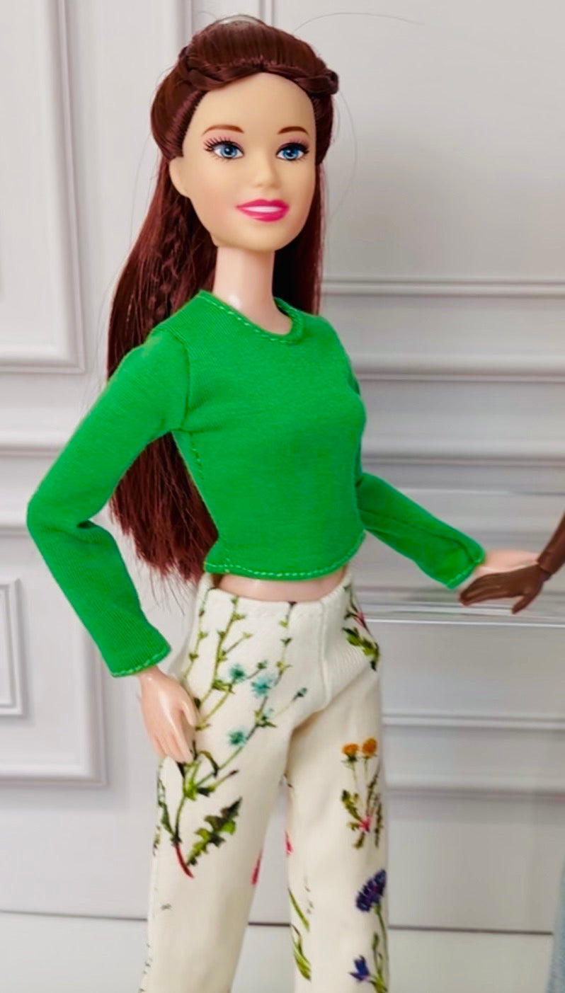 Floral Jean Doll Outfit: Green Long-sleeve Top and Shoes, Fits 11.5 inch Fashion Doll
