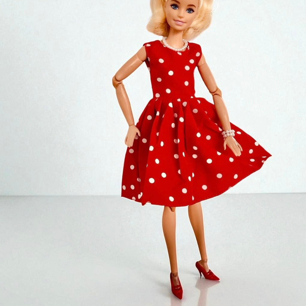 Polka Dot Doll Dress with Shoes and Jewelry, Retro 1:6 Scale Fashion Doll Outfit