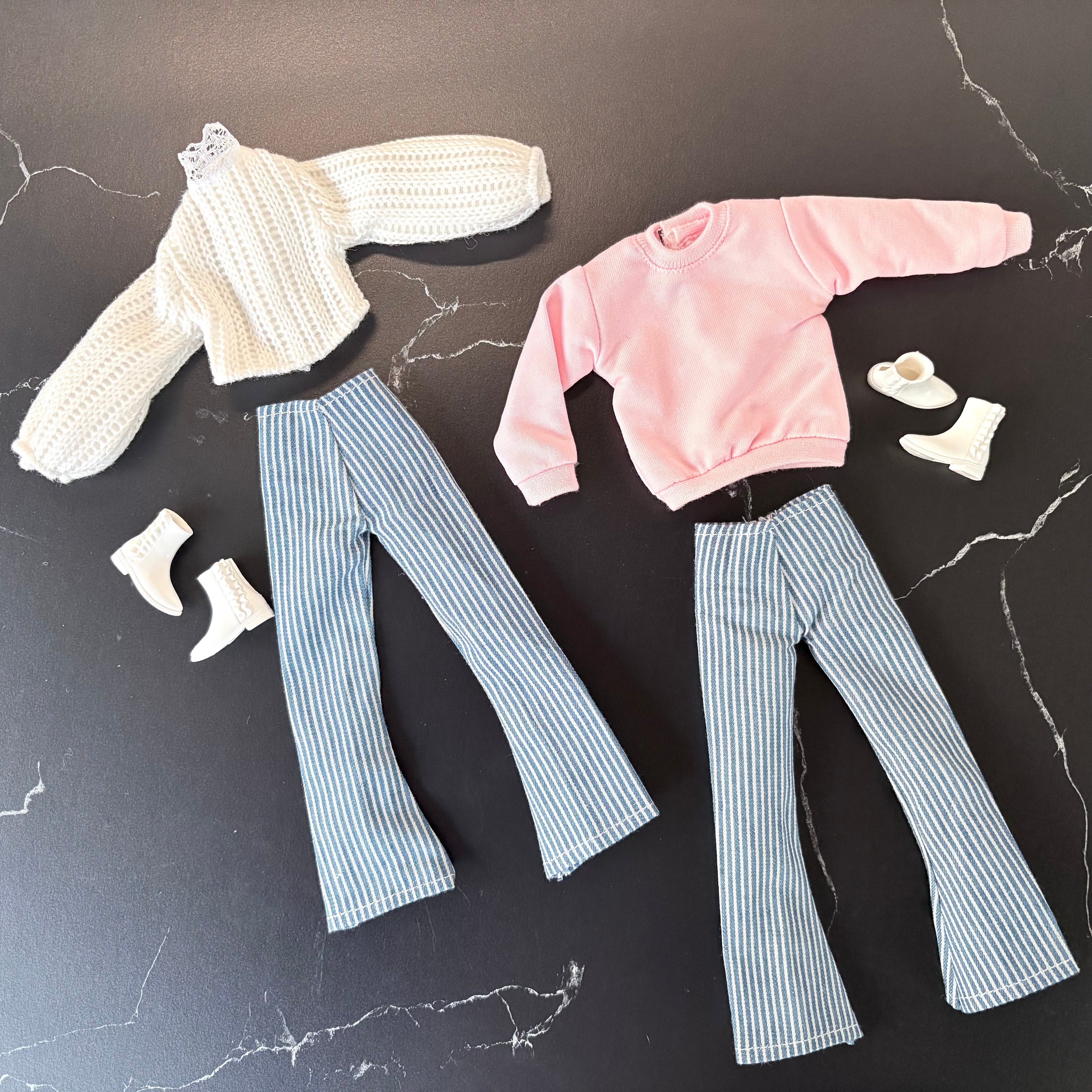 Striped Flare Jeans Doll Outfit – Sweater & Ankle Boots | Fits 11.5” Fashion Dolls